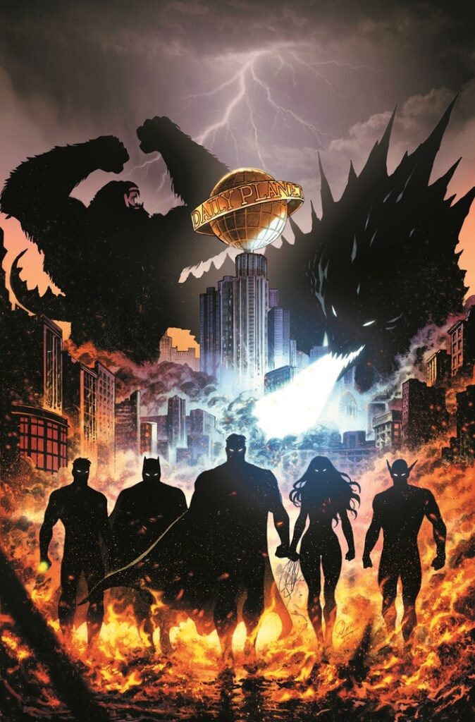 Arte divulgada pela DC para o anúncio de Justice League vs. Godzilla vs. Kong 3 na New York Comic Con de 2026.