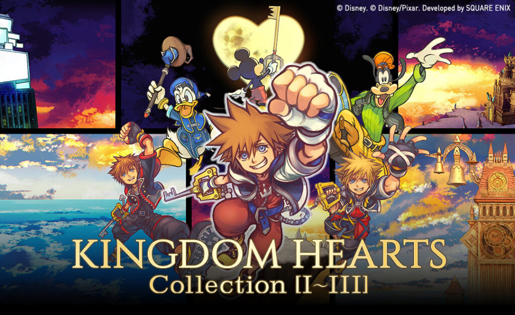 Sora com sua Keyblade, Donald, Pateta e Mickey na arte oficial de Kingdom Hearts Collection I–III