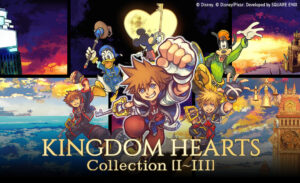 Sora com sua Keyblade, Donald, Pateta e Mickey na arte oficial de Kingdom Hearts Collection I–III