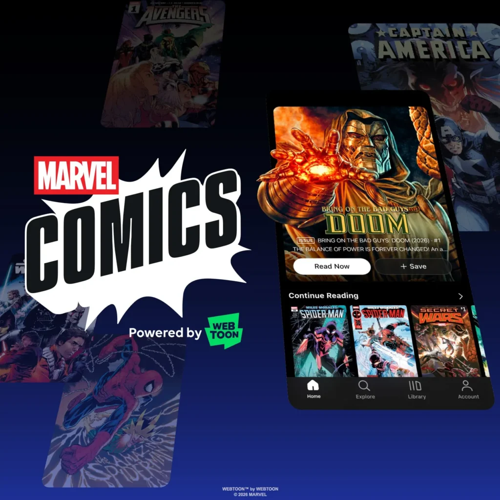 Arte oficial do aplicativo Marvel Comics powered by WEBTOON com a interface de leitura de Doutor Destino
