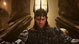 Sauron sentado em seu trono na terceira temporada de Os Anéis de Poder