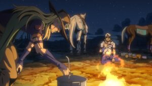 Gyro Zeppeli e Johnny Joestar acampam ao lado de uma fogueira no deserto em Steel Ball Run