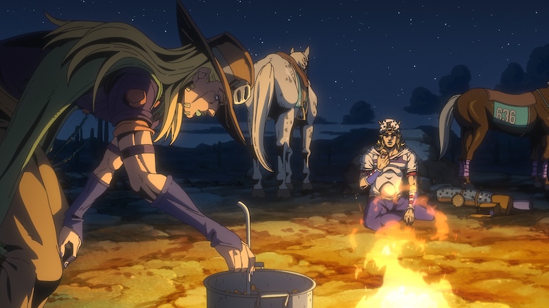 Gyro Zeppeli e Johnny Joestar acampam ao lado de uma fogueira no deserto em Steel Ball Run