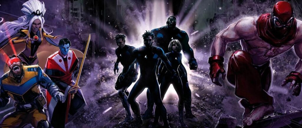 Arte promocional do universo Midnight da Marvel com personagens de X-Men, Quarteto Fantástico e Homem-Aranha