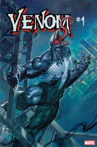Capa oficial de Venom número 1 de 2026, com Eddie Brock e o simbionte em arte de Davide Paratore