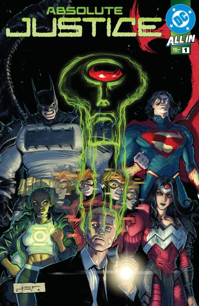 Arte promocional oficial de Absolute Justice, evento do Universo Absolute da DC anunciado para 2027