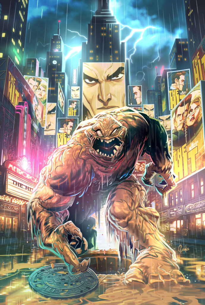 Capa oficial da HQ Clayface: Celebrity Dirt com Basil Karlo em forma monstruosa nas ruas de Gotham, arte de Fran Galán