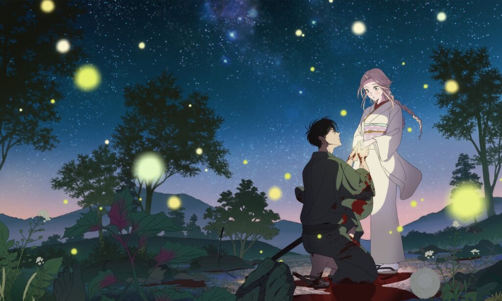 Satoko Kirigaya e Shinpei Goto sob um céu estrelado e cercados por vaga-lumes no visual oficial de Firefly Wedding