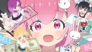 Kurumi Fukuga de cabelos rosa cercada por notas de dinheiro, celulares e outras personagens em arte promocional do anime.