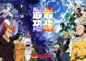 Arte promocional de One-Punch Man com heróis e monstros divididos por um confronto.