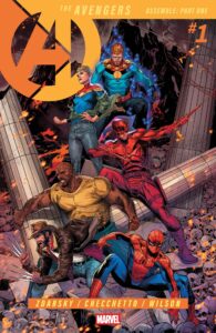 Capa de Avengers número 1 de 2026, com Homem-Aranha, Demolidor, Wolverine e outros heróis reunidos